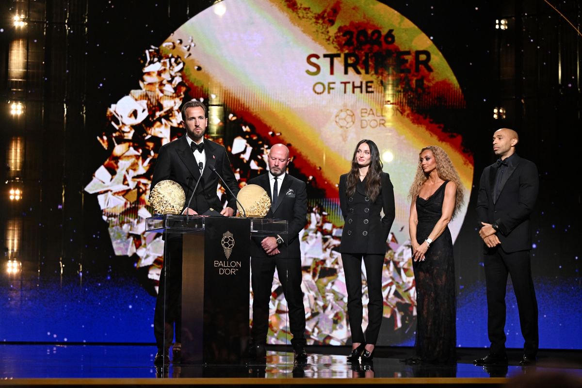 Harry Kane accepts the Men's Striker of the Year award during the 70th Ballon D'Or Ceremony at Palladium Theatre