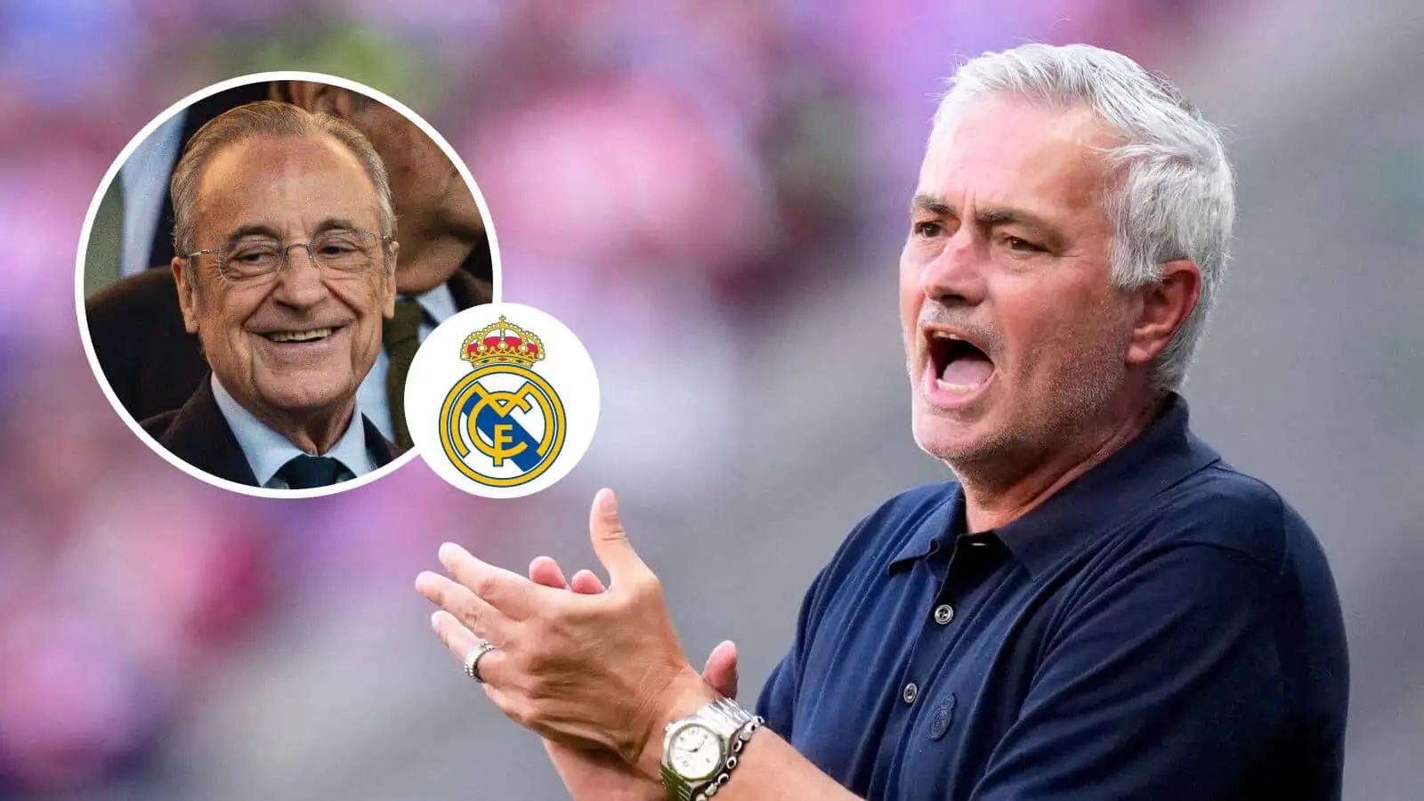 Florentino Perez, Real Madrid badge and Jose Mourinho - copyright TEAMtalk