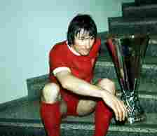 UEFA Cup Final Second Leg match in Munich
Borussia Munchengladbach 2 v Liverpool 0
(Liverpool win 3-2 on aggregate)
Liverpool captain Tommy Smith with the trophy after the match May 1973