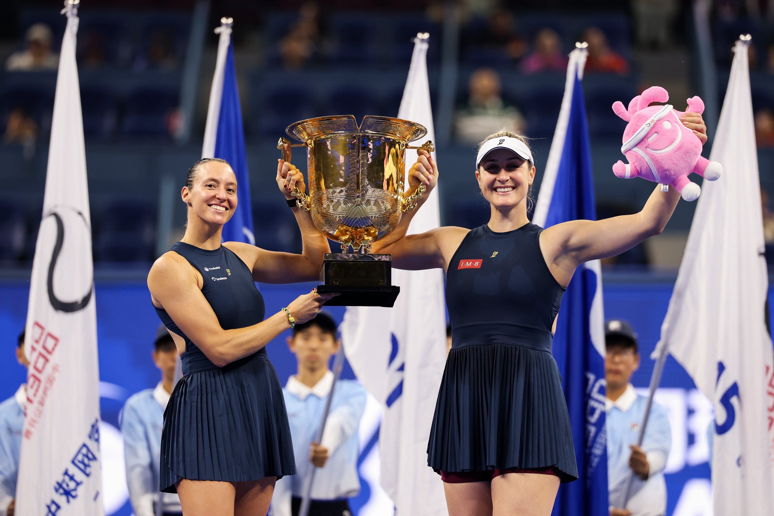 BEIJING, CHINA - OCTOBER 11: Zhang Shuai of China and Katerina Siniakova of Czech Republic compete against Gabriela Dabrowski of Canada and Erin Routliffe of New Zealand during the women's doubles final on day 9 of the 2026 China Open on October 11, 2026 in Beijing, China. (Photo by VCG/VCG via Getty Images)
