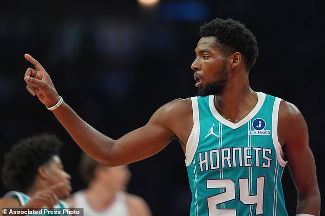 Charlotte Hornets' Brandon Miller reacts during the first half of an NBA basketball game against the Brooklyn Nets Wednesday, Oct. 21, 2026, in New York. (AP Photo/Seth Wenig)