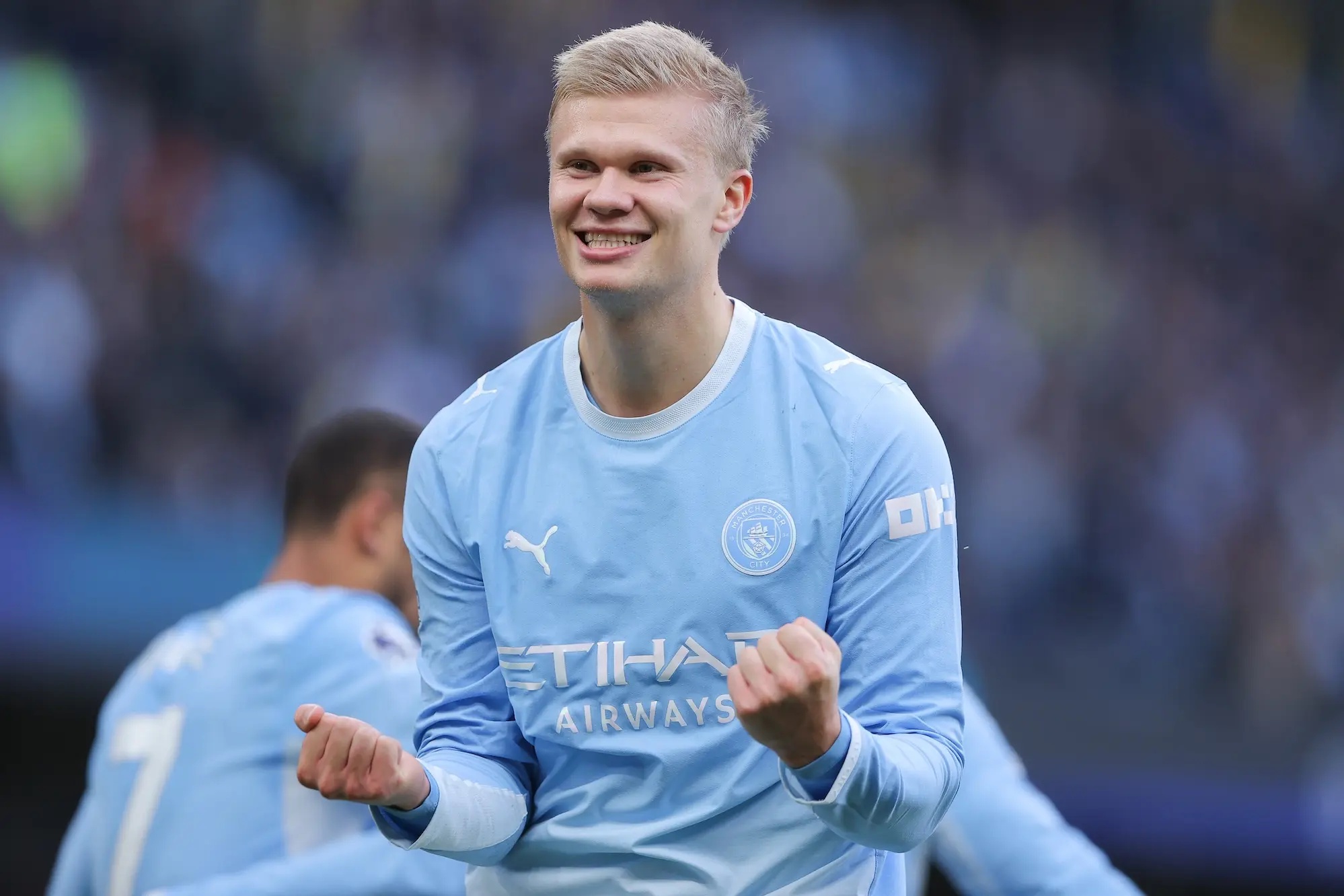 Erling Braut Haaland of Manchester City celebrates after scoring their side's second goal.