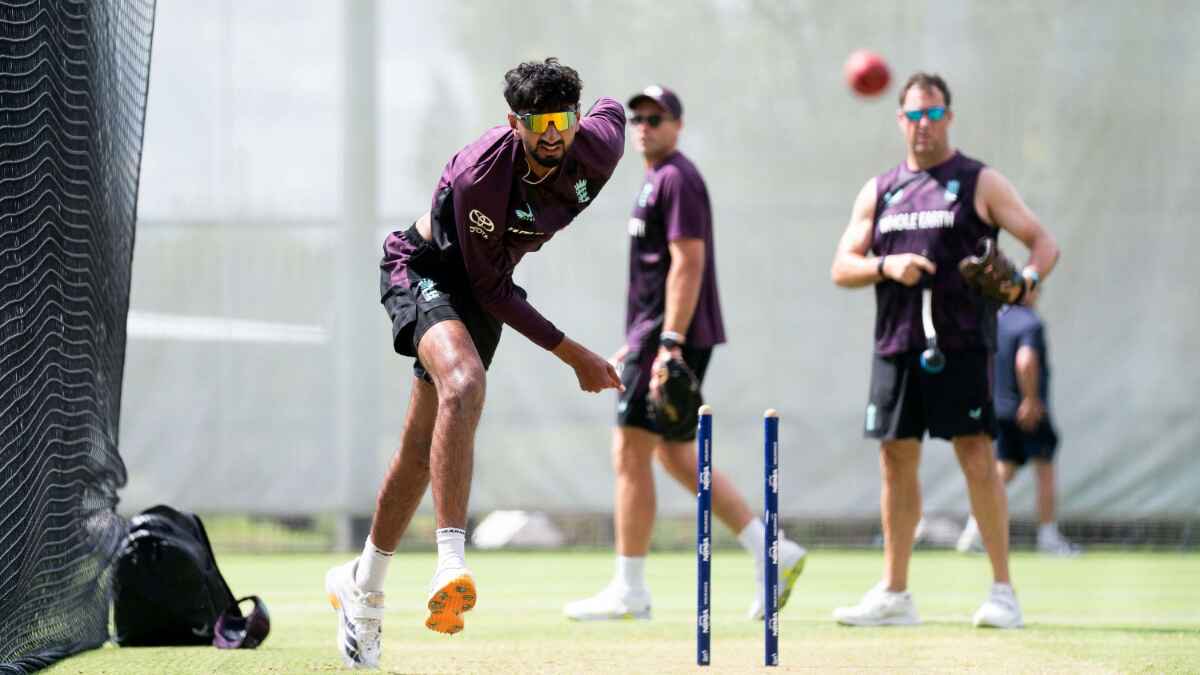Shoaib Bashir bowls in the nets on England’s Ashes tour.