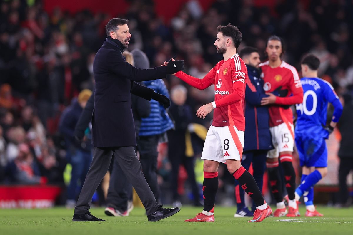 Leicester City manager Ruud van Nistelrooy shakes hands with Bruno Fernandes of Manchester United after the Emirates FA Cup Fourth Round match between Manchester United and Leicester City