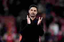 Mikel Arteta, Manager of Arsenal, applauds the fans after the team's victory in the Premier League match between Arsenal FC and Chelsea FC at Emira...