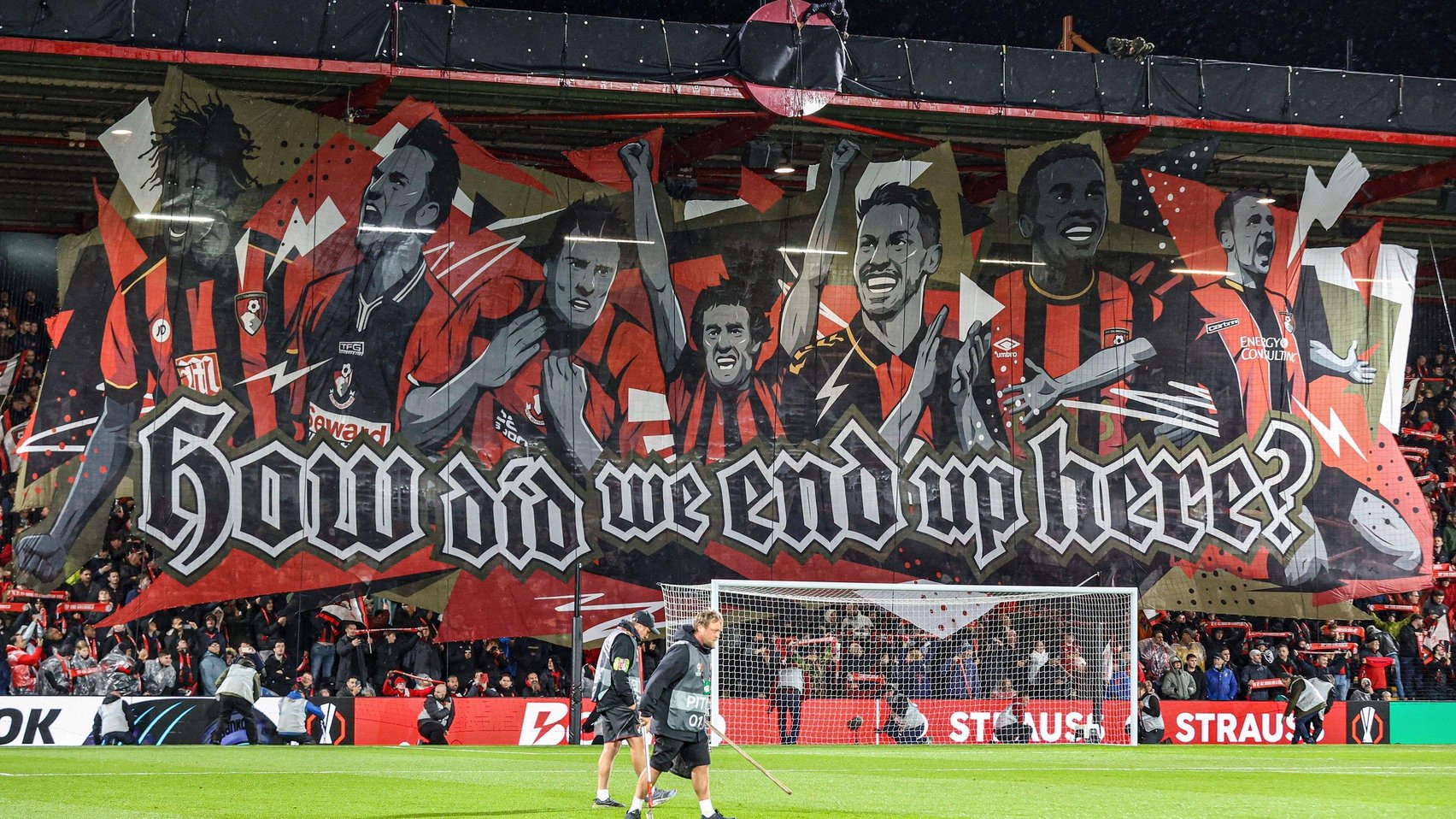 A tifo featuring Bournemouth players past and present, and the message "How did we end up here?" is displayed before their game with AC Milan