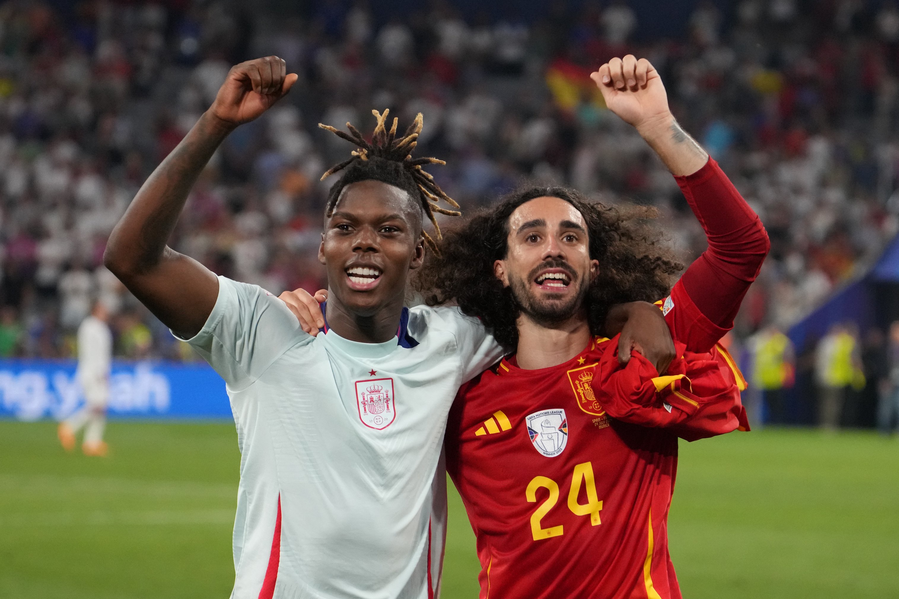 Marc Cucurella and Nico Williams celebrate for Spain.