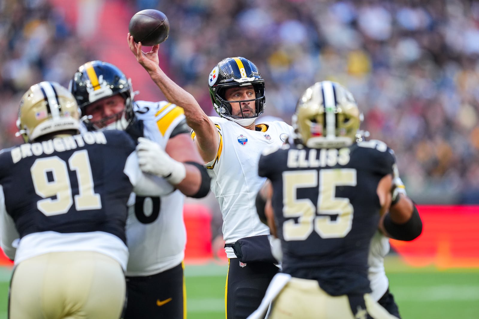 Aaron Rodgers of Pittsburgh Steelers passes the ball during the NFL game against New Orleans Saints at Stade de France. Photograph: Franco Arland/Getty