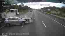 After a series of close calls, the P-plate driver in the Mazda is seen swerving to avoid the Subaru in front before colliding with two trucks travelling over 100km/hour