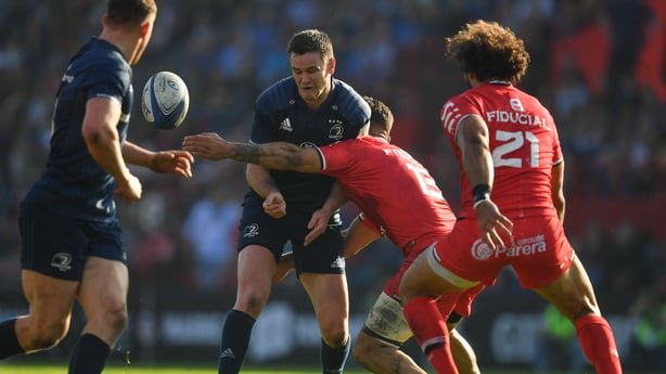 21 October 2018; Jonathan Sexton of Leinster is tackled by Sofiane Guitoune of Toulouse during the Heineken Champions Cup Round Pool 1 Round 2 match between Toulouse and Leinster at Stade Ernest Wallon, in Toulouse, France. Photo by Brendan Moran/Sportsfile