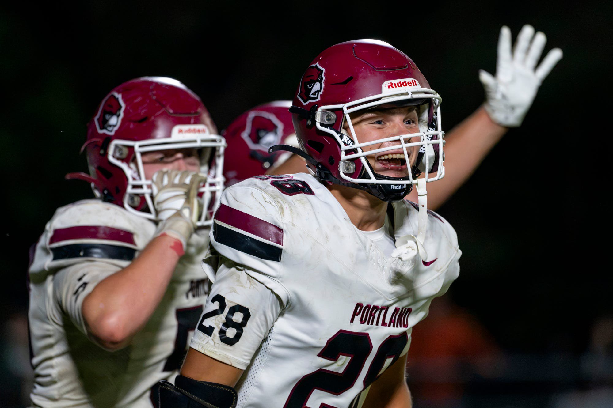 Portland’s Chase Fullet celebrates after kicking the game-winning field goal against Lakewood late during the fourth quarter on Friday, Sept. 25, 2026, at Lakewood High School in Lake Odessa.