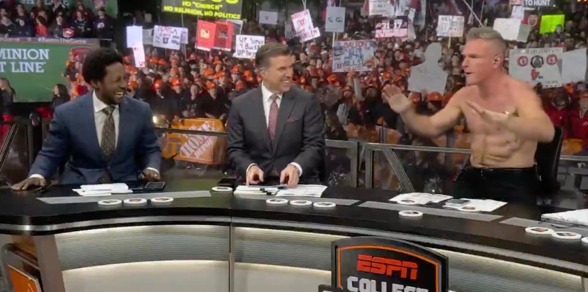 Pat McAfee appears shirtless on "College GameDay" as he calls out The New York Times again.