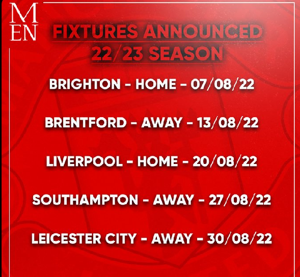 Confirmed 2022/2023 Manchester United Fixtures Chezaspin
