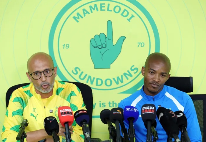Miguel Cardoso, coach of Mamelodi Sundowns, left, with defender Thapelo Morena addressing the media ahead of the of the CAF Champions League second leg against Wiliete. 