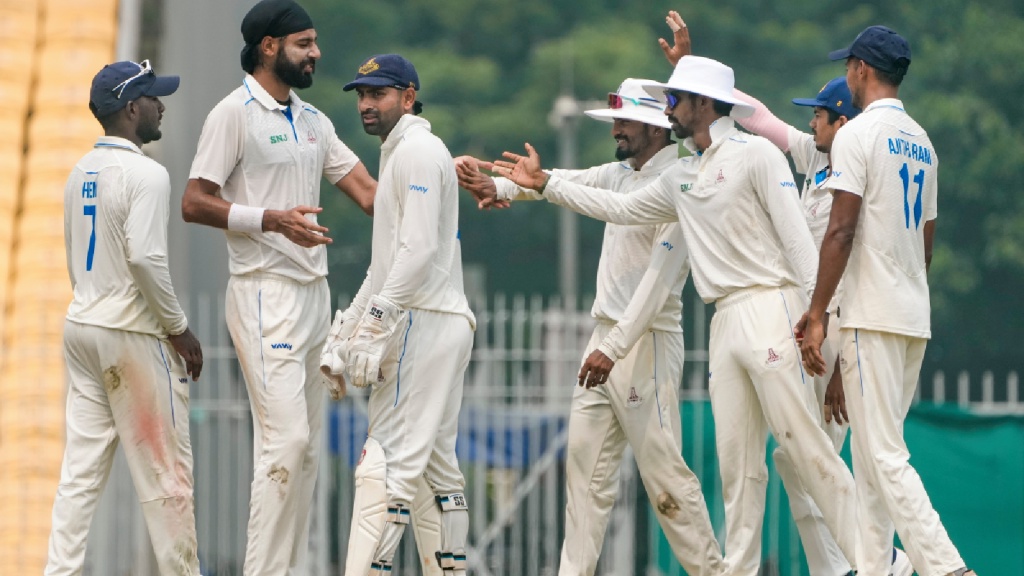 Tamil Nadu's Gurjanpreet Singh celebrates with teammates after taking the wicket of Railway's Bhargav Merai on day one of a Ranji Trophy cricket match between Tamil Nadu and Railways, in Chennai's Chepauk, Monday, Oct. 26, 2026. (PTI Photo)