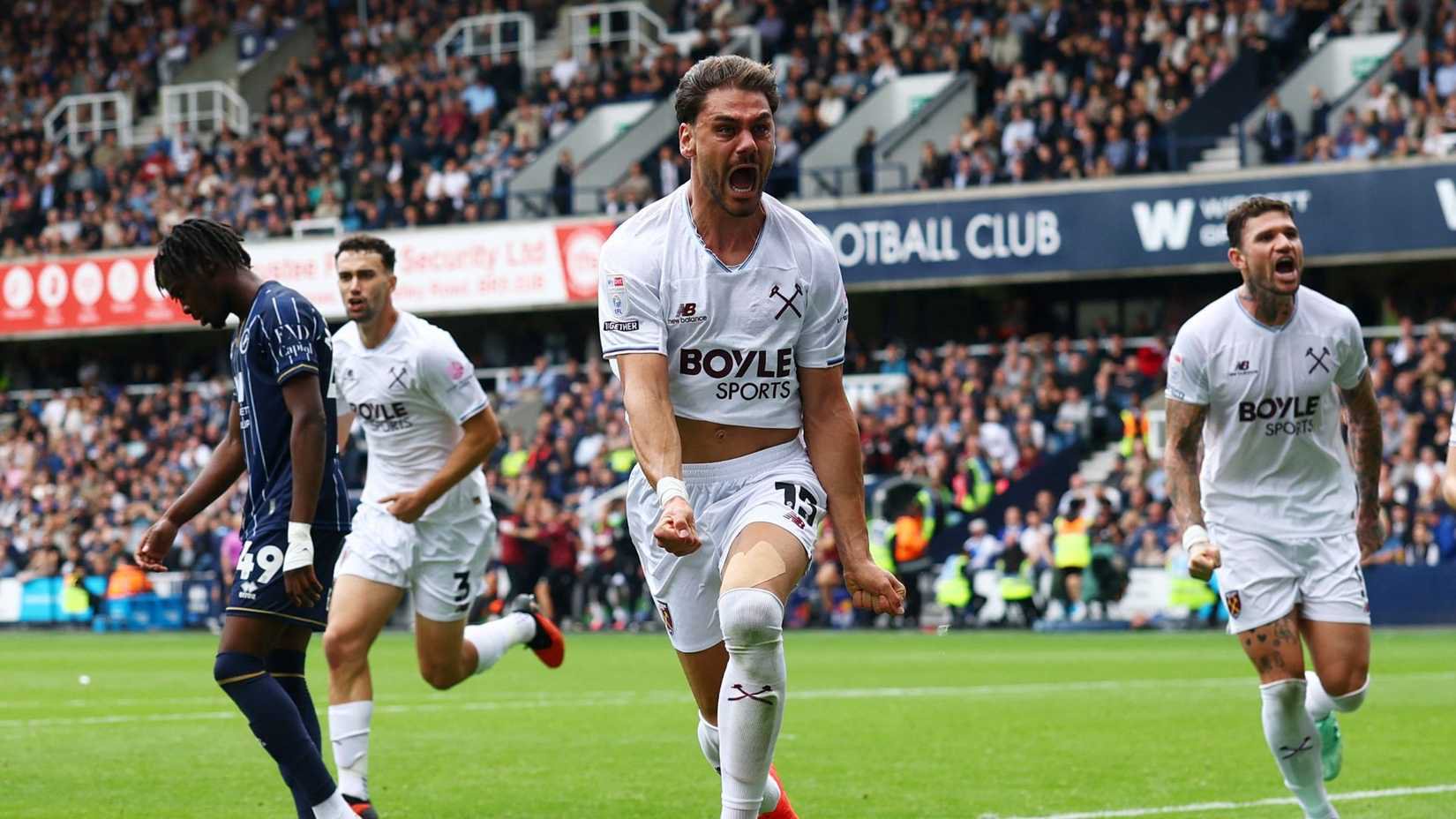 Soccer Football - Championship - Millwall v West Ham United - The Den, London, Britain - September 19, 2026 West Ham United's Konstantinos Mavropanos celebrates scoring their second goal 