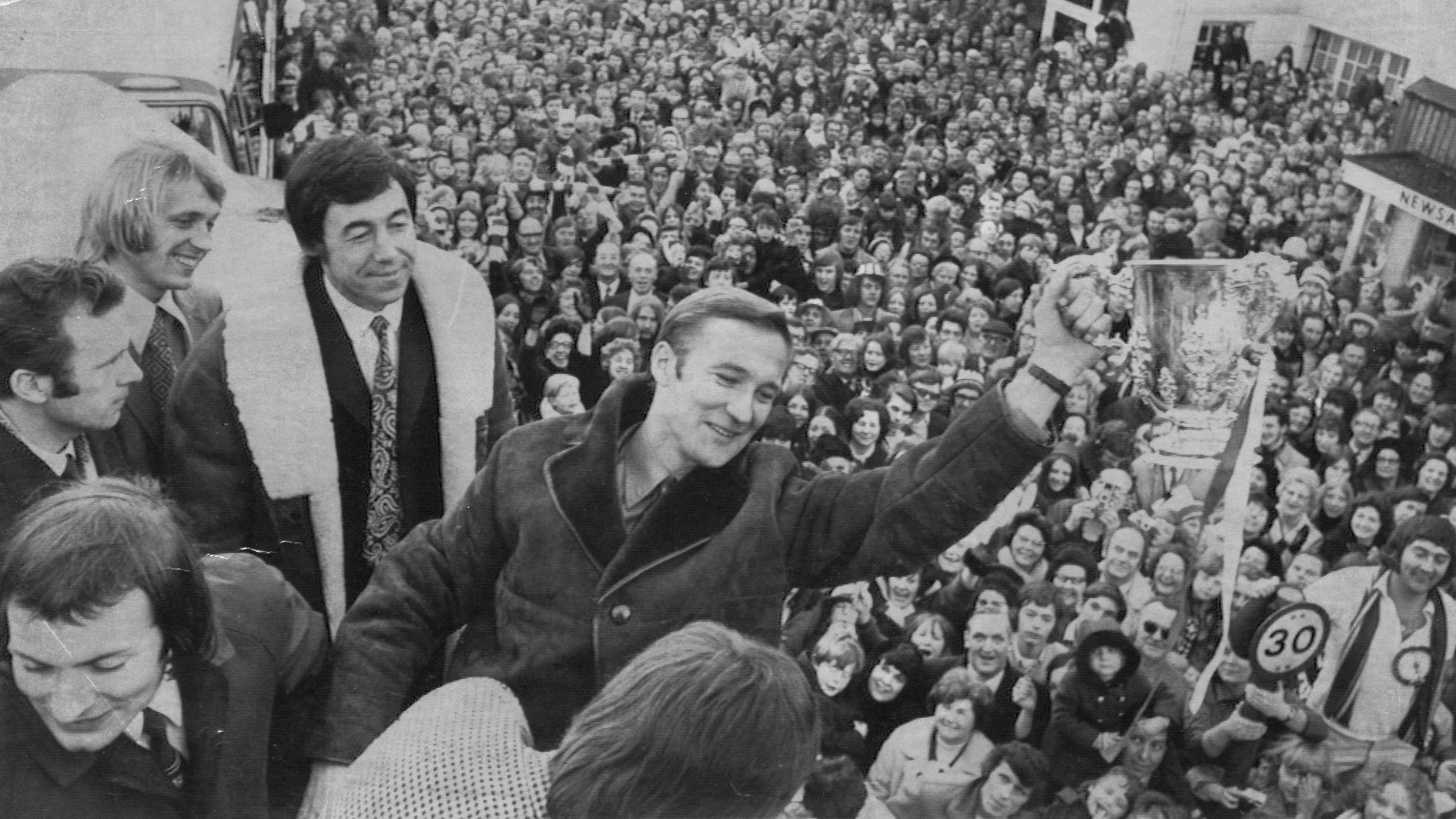 Peter Dobing holds aloft the League Cup on the Potters' open-top bus parade back in Stoke after their famous win over Chelsea (5 March 1972) 