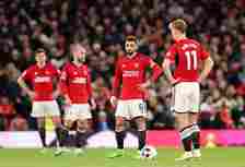 Bruno Fernandes of Manchester United looks dejected after their side concedes the first goal scored by Jayden Bogle of Sheffield United (not pictur...