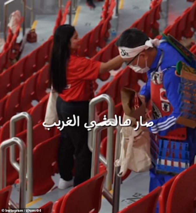 Footage shows them going row by row picking up the rubbish and placing it into plastic bags