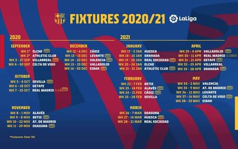 FC Barcelona: Barcelona's 2020/21 LaLiga fixture calendar - Opera News