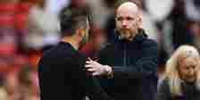 Brighton & Hove Albion manager Roberto De Zerbi shakes hands with Manchester United manager Erik ten Hag after the match