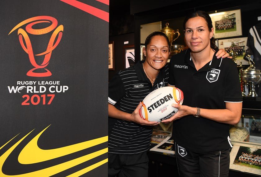 Sharlene Atai (right) with Kiwi Ferns captain Sarina Fiso during the 2017 World Cup.