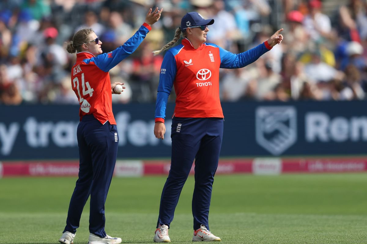 BRISTOL, ENGLAND - MAY 30: Charlie Dean and Sophie Ecclestone of England pictured during the Second Vitality T20 International match between England and India at Seat Unique Stadium on May 30, 2026 in Bristol, England.  (Photo by Matt Lewis - ECB/ECB via Getty Images)