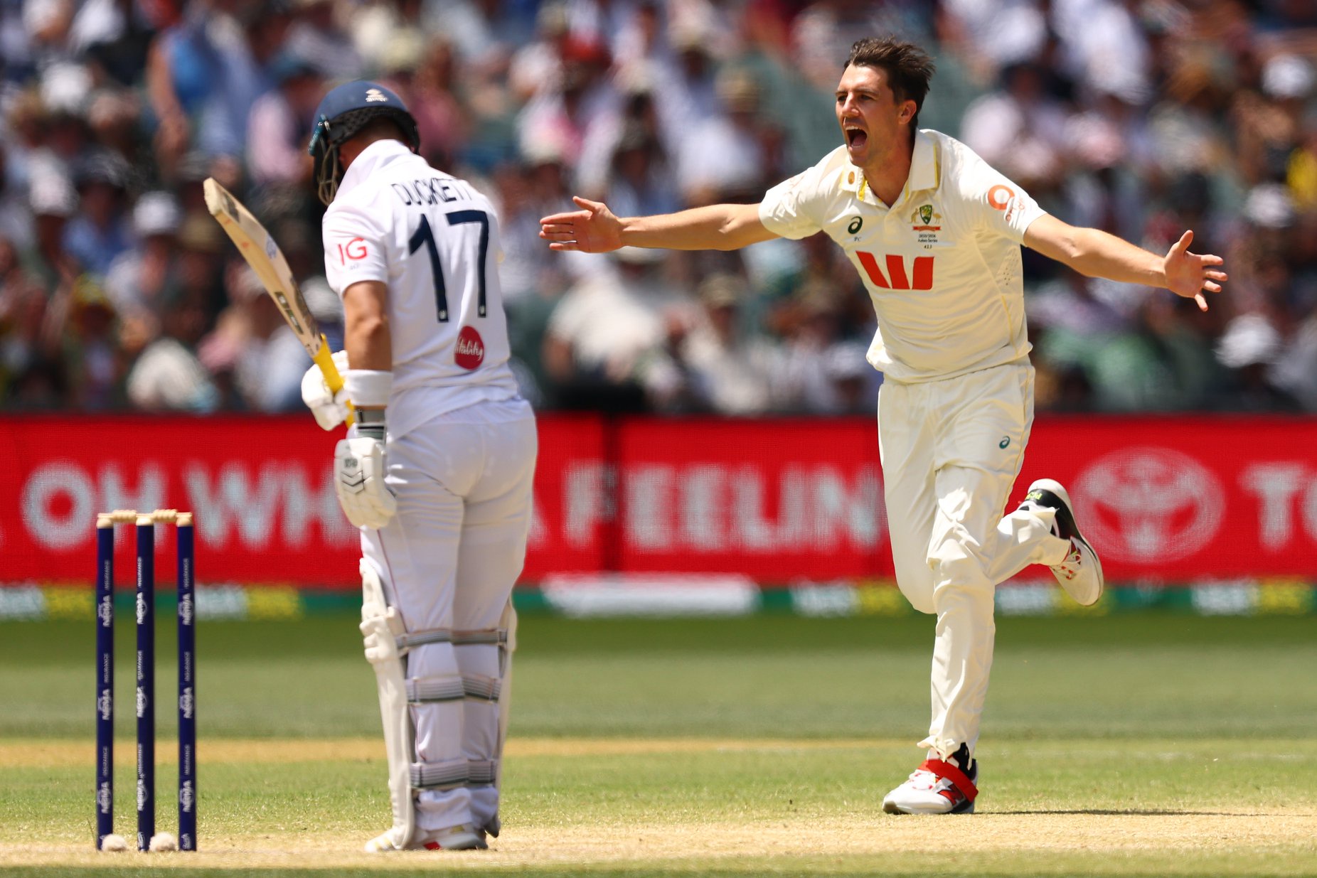 Pat Cummins of Australia celebrates taking the wicket of Ben Duckett of England for 4 runs during day four of the Third Test Match in the 2025-26 Ashes Series between Australia and England at Adelaide Oval on December 20, 2025 in Adelaide, Australia. 