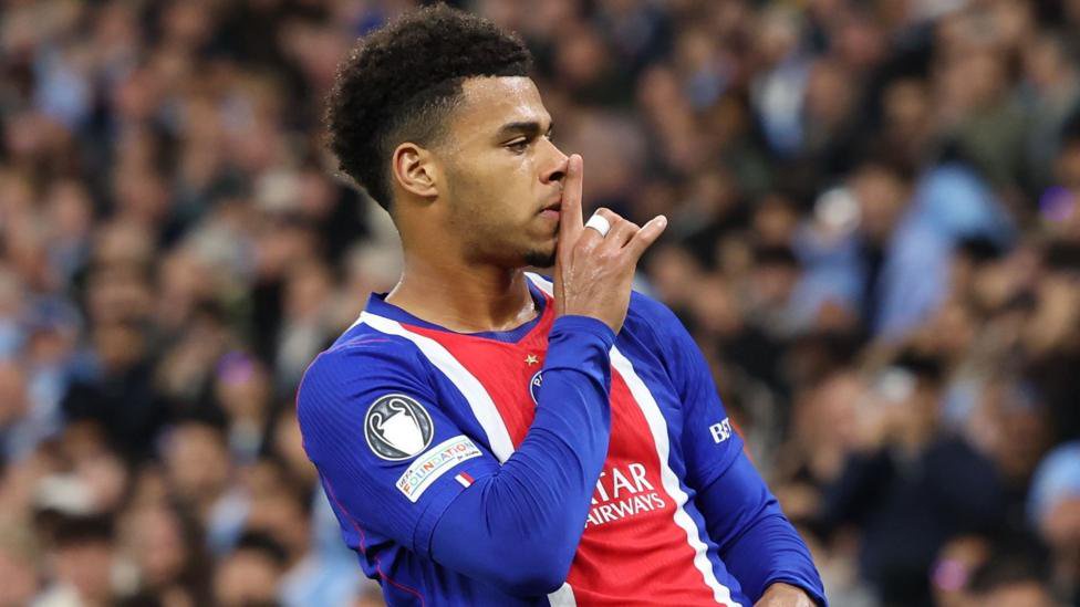 Desire Doue celebrates after putting Paris Saint-Germain ahead against Manchester City in the Champions League at Etihad Stadium.