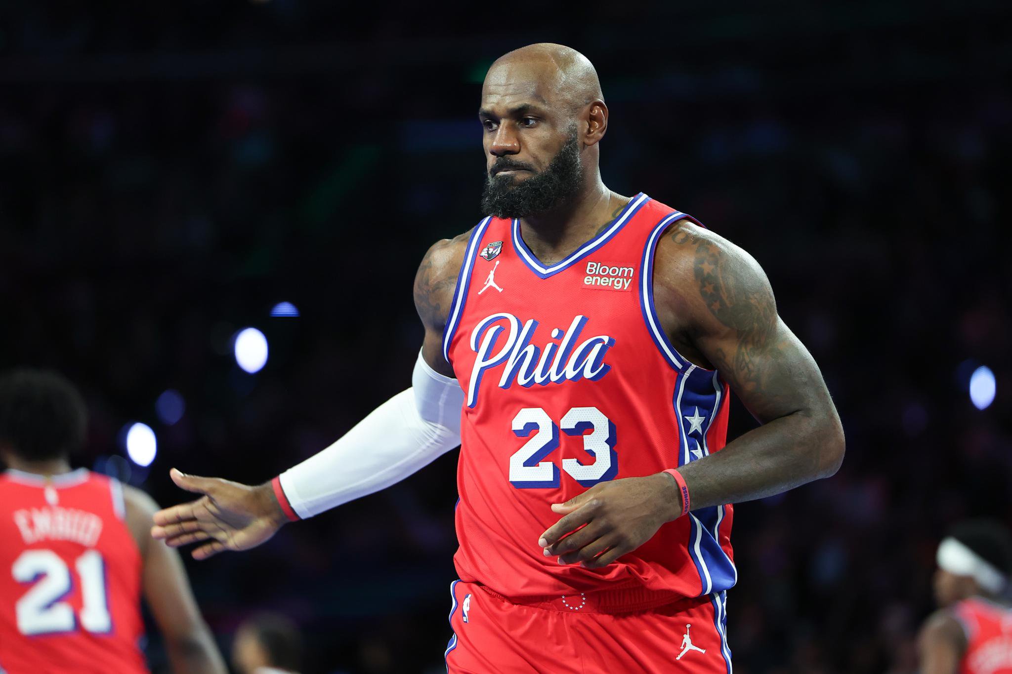 A digitally altered image showing LeBron James wearing a Philadelphia 76ers jersey with the number 23.