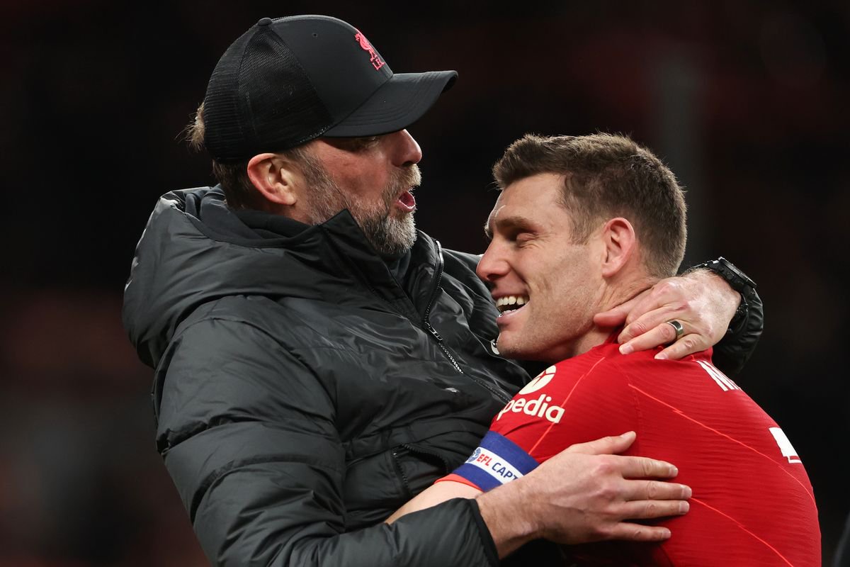 Jurgen Klopp the manager / head coach of Liverpool and James Milner of Liverpool during the Carabao Cup Final match between Chelsea and Liverpool