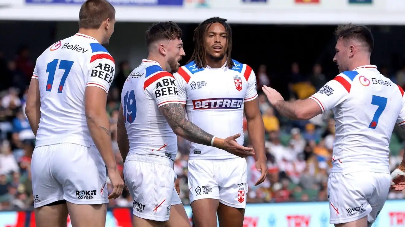 England celebrate a try against France in the group stages of the 2026 Rugby League World Cup