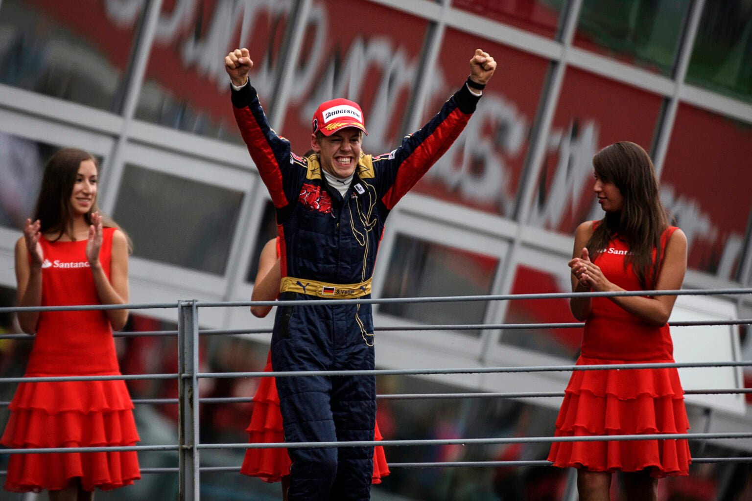 Sebastian Vettel celebrates winning the 2008 Italian Grand Prix for Toro Rosso
