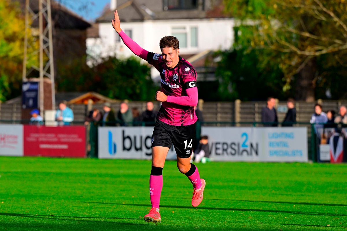Hat Trick Goal celebrations for Brett McGavin of Yeovil Town during the Enterprise National League match between Wealdstone and Yeovil Town at Grosvenor Vale Stadium , London on 10 October 2026 (Photo: Tom Sandberg/PPAUK)