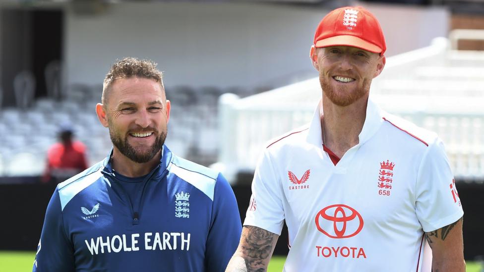 Brendon McCullum and Ben Stokes smile at a pre-first Test photo shoot
