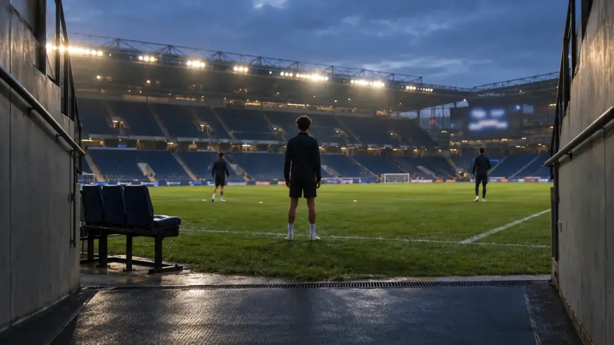 Teenage footballer stands in a stadium tunnel before a major evening match