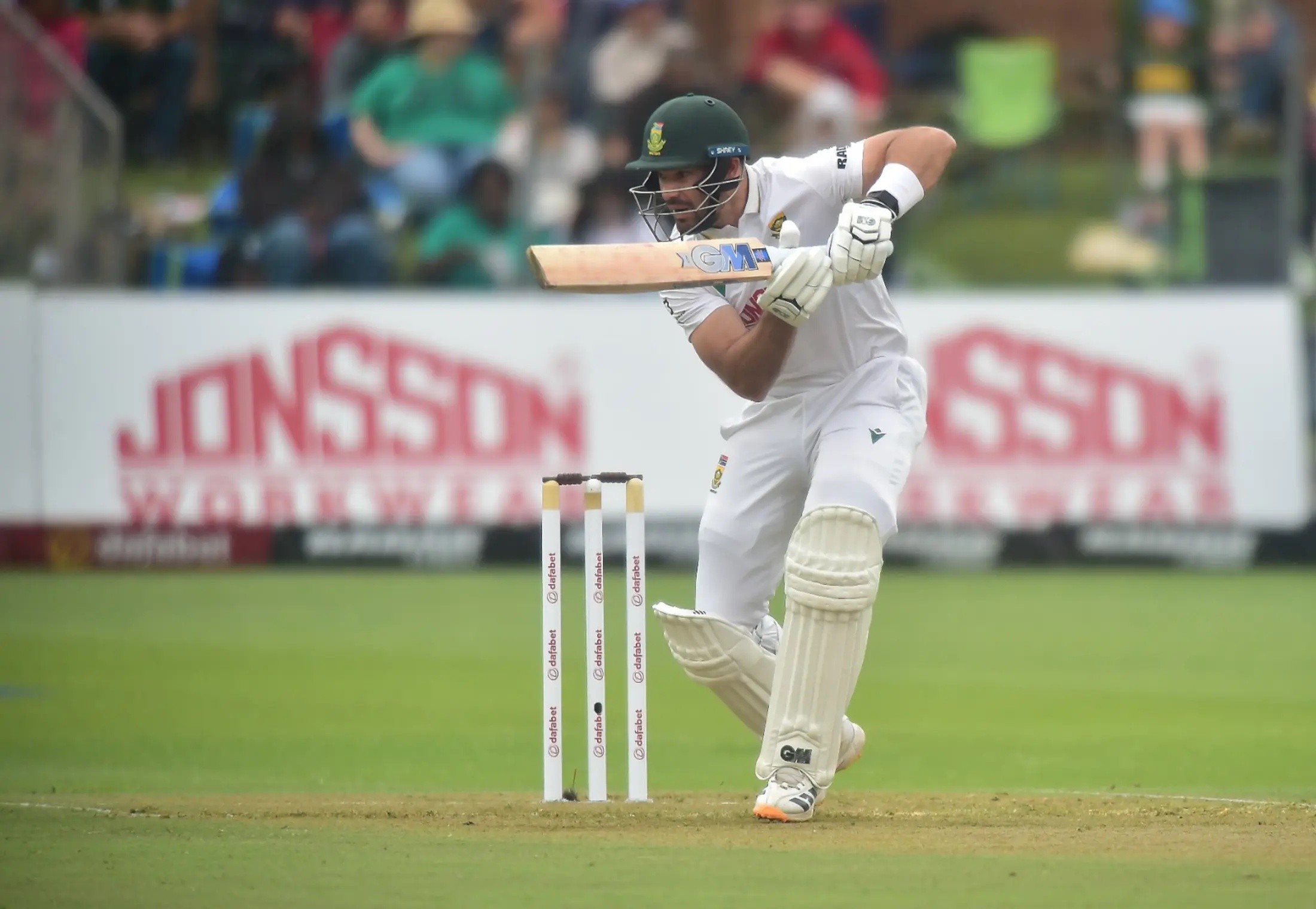 Proteas opening batter AIden Markram plays a shot during the opening day of the second Dafabet Test match at St George's Park in Gqeberha on Sunday