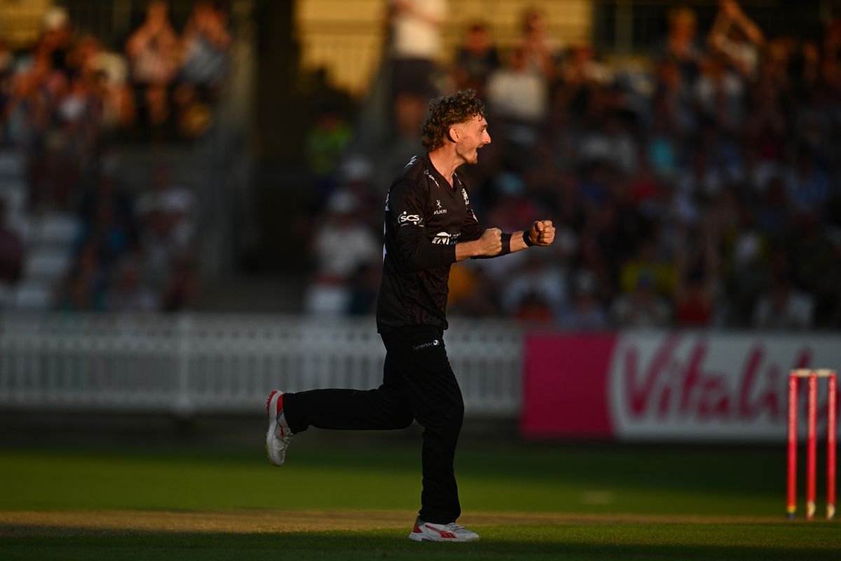 TAUNTON, ENGLAND - JUNE 26: Lewis Goldsworthy of Somerset celebrates the wicket of Miles Hammond of Gloucestershire during the Vitality Blast match between Somerset and Gloucestershire at The Cooper Associates County Ground on June 26, 2026 in Taunton, England. (Photo by Harry Trump - ECB/ECB via Getty Images)