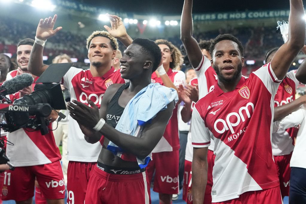 Paris BRUNNER of Monaco , Stanis IDUMBO  of Monaco , Jordan Teze of monaco , Lamine CAMARA of Monaco and team during the Ligue 1 McDonald's match between Paris and Monaco at Parc des Princes on September 4, 2026 in Paris, France. (Photo by Emilian Baldow/Icon Sport via Getty Images)