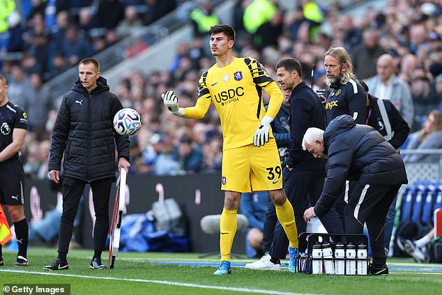 The 6ft 7in stopper was briefed by manager Xabi Alonso (second right) and set-piece specialist Austin McPhee (right) before coming on