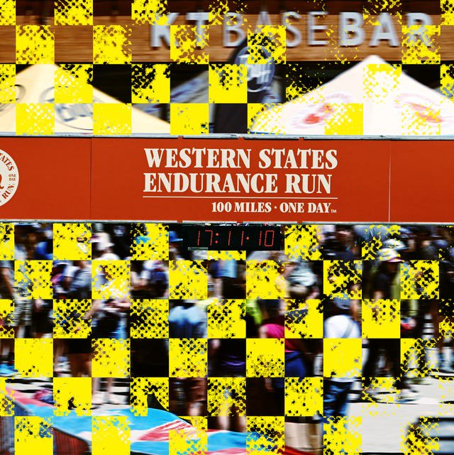Finish line banner for the Western States Endurance Run displaying the time 17:11:10 and branding from HOKA.