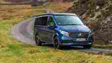 Mercedes-Benz V-Class Marco Polo, front, driving round corner, blue