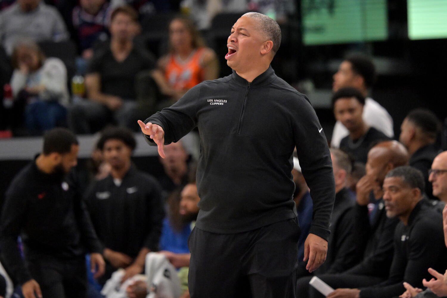 Clippers coach Tyronn Lue directs his players during a win over the Sacramento Kings Wednesday at Intuit Dome.