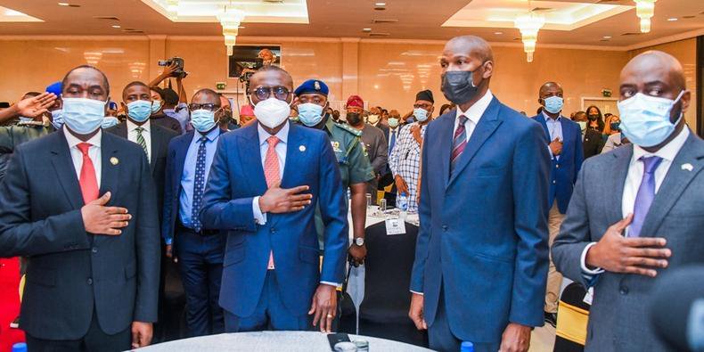 L-R: Lagos State Deputy Governor, Dr. Obafemi Hamzat; Governor Babajide Sanwo-Olu; Board Chairman, Lagos State Security Trust Fund (LSSTF), Mr Kehinde Durosinmi-Etti and the Executive Secretary/CEO, LSSTF, Dr. Abdurrazaq Balogun during the 15th Annual Town Hall meeting on Security, at the Civic Centre, Victoria Island, on Wednesday, Dec. 22, 2021.