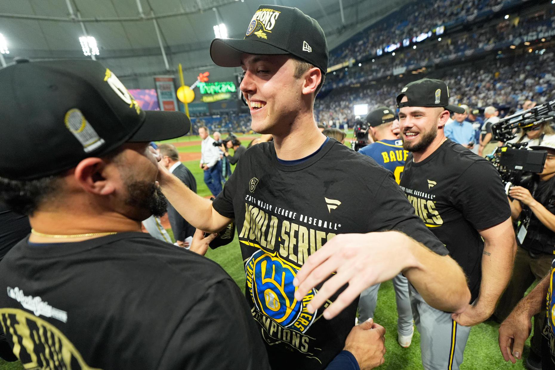 Milwaukee Brewers pitcher Jacob Misiorowski celebrates after their win in baseball's World Series against the Tampa Bay Rays, Wednesday, Oct. 28, 2026, in St. Petersburg, Fla. (AP Photo/Ashley Landis)
