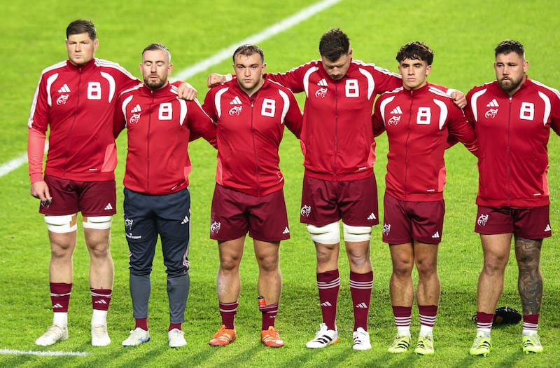Jack O'Donoghue, JJ Hanrahan, Max Clein, Fineen Wycherley, Ben O'Donovan and Kieran Brookes wearing commemorative jackets featuring the number 8 for Anthony Foley ahead of the match. Photograph: Dan Clohessy/Inpho