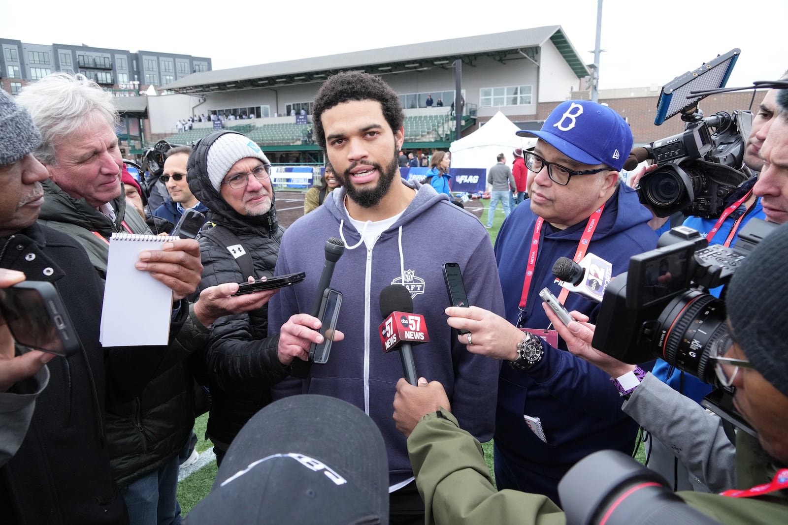 Apr 24, 2024; Detroit, MI, USA; Southern California Trojans quarterback Caleb Williams speaks to the media at the Play Football Prospect Clinic at The Corner Ballpark. Mandatory Credit: Kirby Lee-USA TODAY Sports