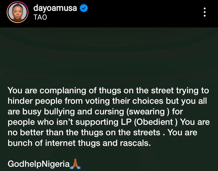 Obidients Are Nothing But A Bunch Of Internet Thugs And Rascals—Actress Dayo Amusa