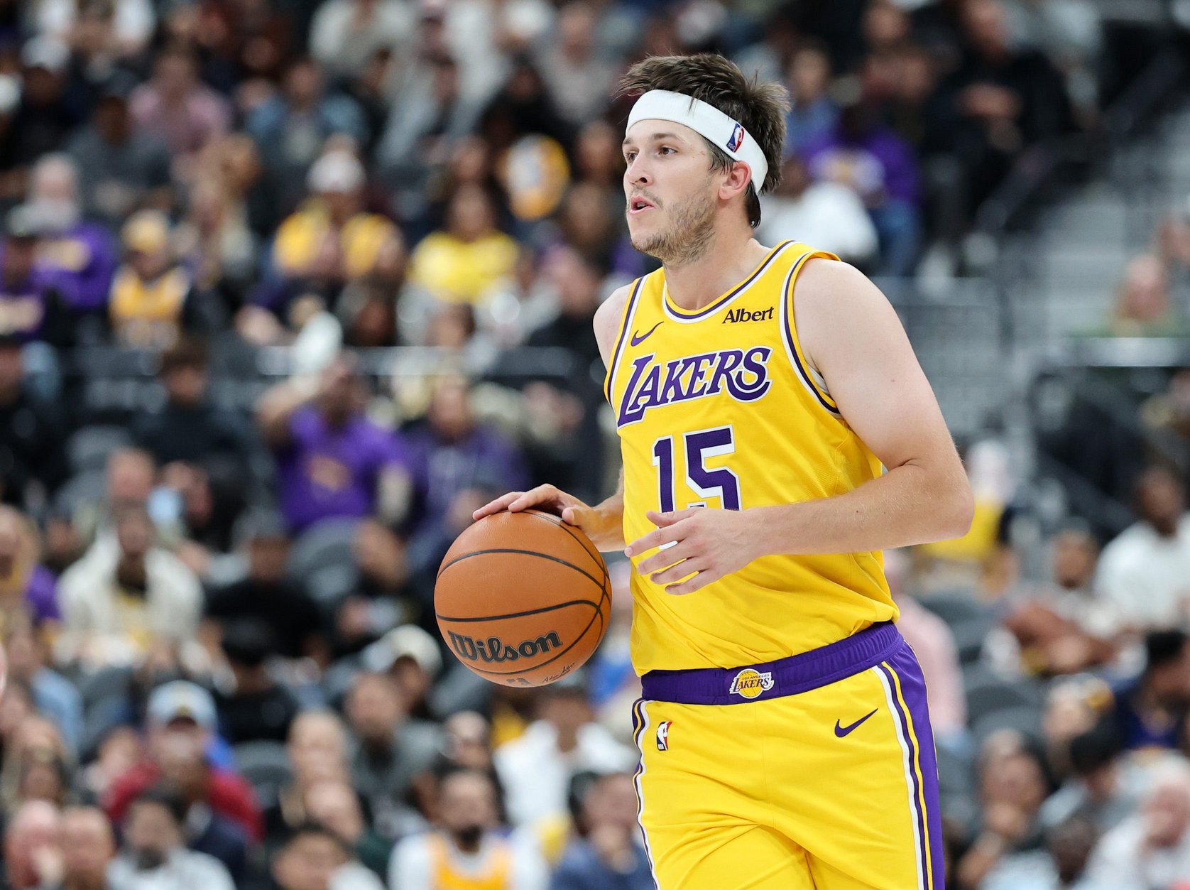 Austin Reaves of the Los Angeles Lakers brings the ball up the court against the Golden State Warriors in the third quarter of a preseason game at T-Mobile Arena on October 13, 2026, in Las Vegas, Nevada. The Warriors defeated the Lakers 101-89.