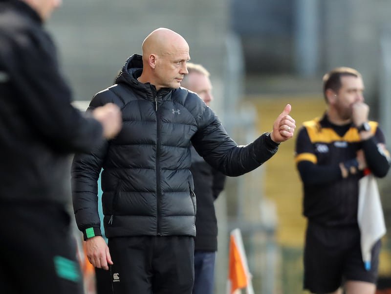 Newbridge manager Gary Hetherington on the line against Madden during the Ulster Football Senior Club Championship quarter final at the Athletic Grounds, Armagh on Sunday 9th of November 2025. PICTURE: MARGARET MCLAUGHLIN